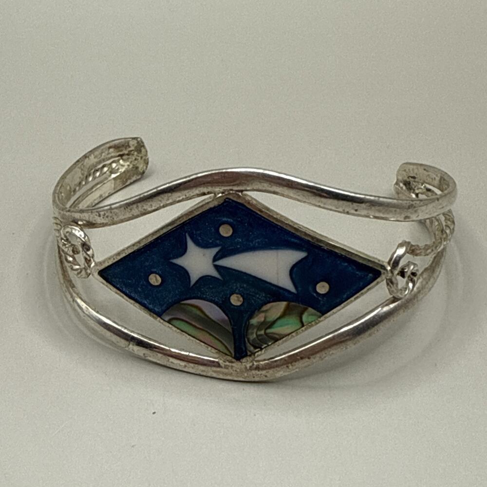 VTG Alpaca Mexico Silver 925 Abalone Shell Flower Blue Inlay Cuff Bracelet